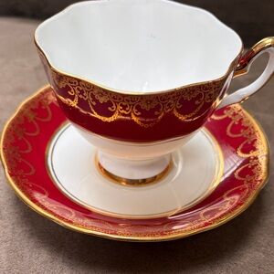 Antique bone china Salisbury Elegant Red and Gold Teacup and Saucer Set
